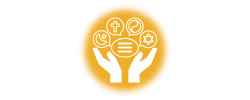hands outstretched holding symbols of differing religions.