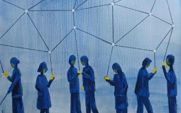 Seven people and a dog are illustrated in watercolour standing against a light blue background all intently looking at their mobile phones. They are coloured in blue with yellow detail, and cast blue shadows. Their phones are all connected via a web like network in the air. Jamillah Knowles & Reset.Tech Australia – cropped betterimagesofai.org 