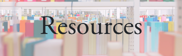 Image of library shelves filled with books overlaid with the word 'Resources'.
